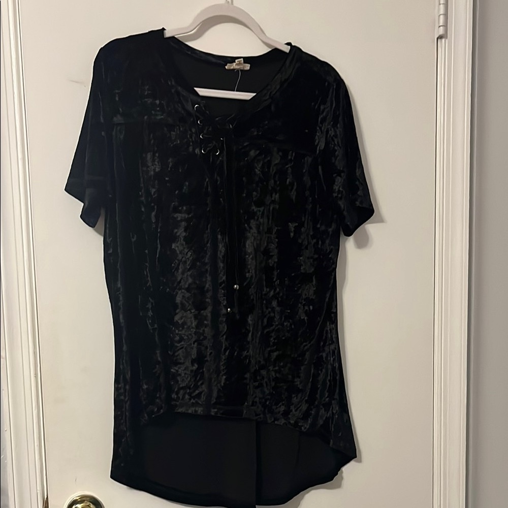 POL Black Crushed Velvet Gothic Lace Up Short Sleeve Top S
